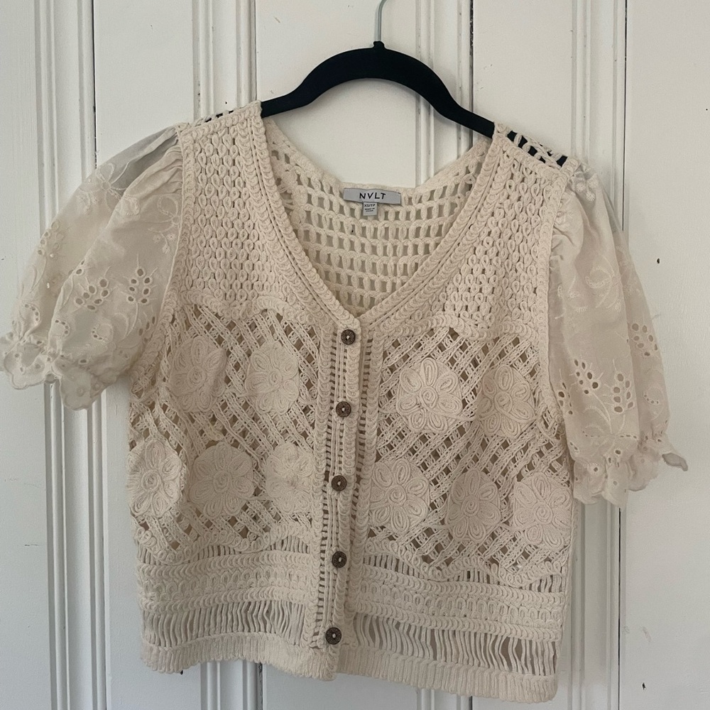 NVLT Cropped Puff-Sleeve Cardigan Sweater Anthropologie - Picture 3 of 8